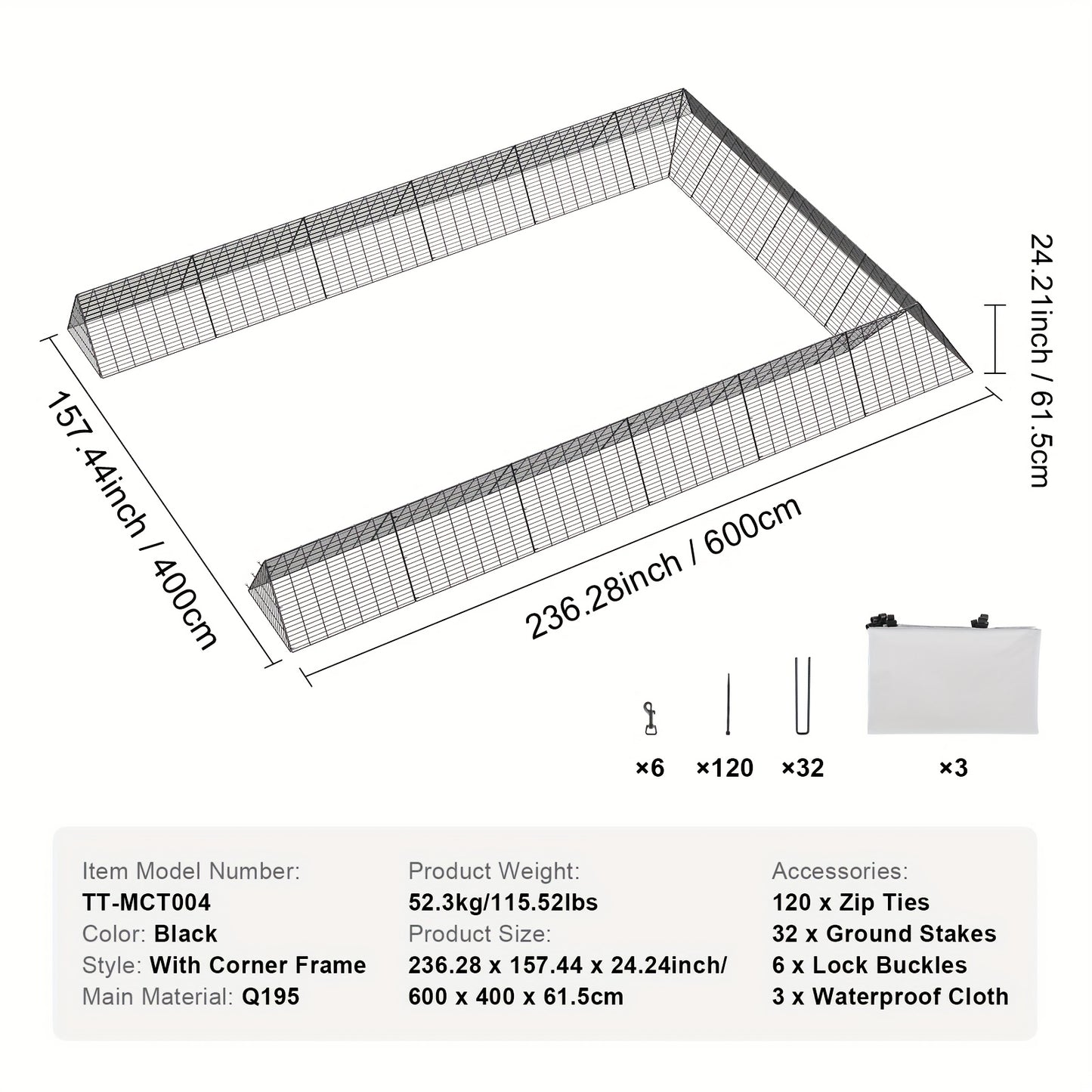 Kippenren – Kippenhok – Uitloopren – Buitenren – Konijnenren – Stalen Frame – Groot Formaat 6x4m – Draagbaar & Weerbestendig
