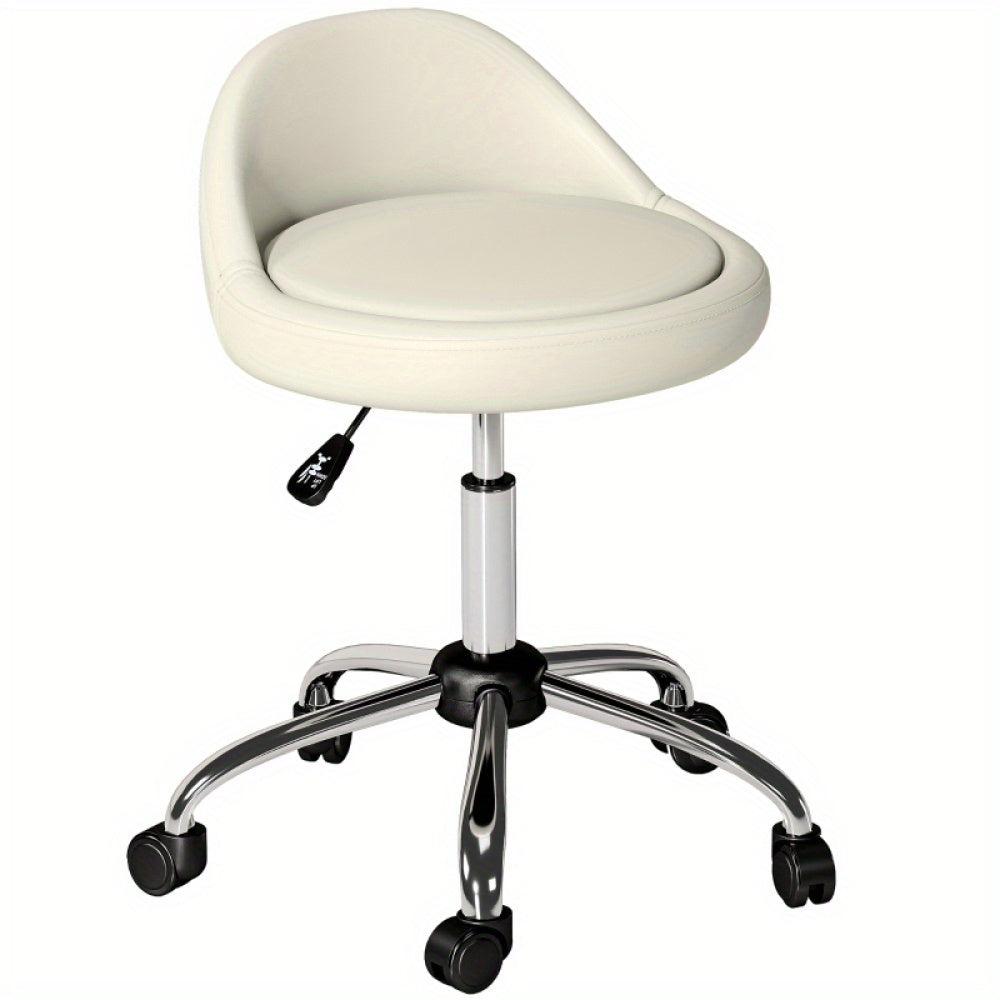 Krukje – Kruk – Werkkruk – Draaikruk – Zitkruk – Verstelbaar 63-83 cm – 360° Draaibaar Met Wieltjes – Wit Kunstleer