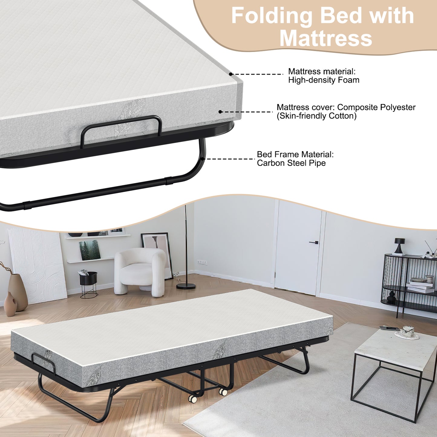 Opvouwbaar Bed – Logeerbed – Vouwbed – Opklapbed – Reisbbed – Metalen Frame – 90x200 cm – 13 cm Schuimmatras – Draagkracht 200 kg