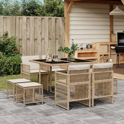 9-delige Tuinset – Buitenmeubelset – Tafel Met Stoelen – Terrasset – Rattan Meubelset – Beige Kussens – Weerbestendig Poly Rattan – Afneembare Polyester Hoezen