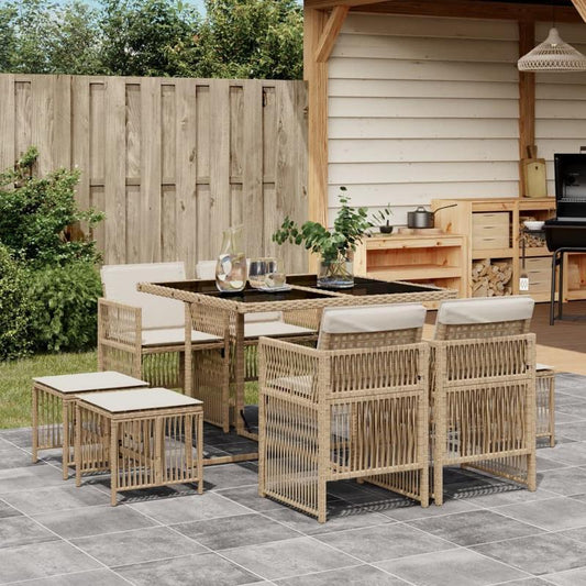 9-delige Tuinset – Buitenmeubelset – Tafel Met Stoelen – Terrasset – Rattan Meubelset – Beige Kussens – Weerbestendig Poly Rattan – Afneembare Polyester Hoezen