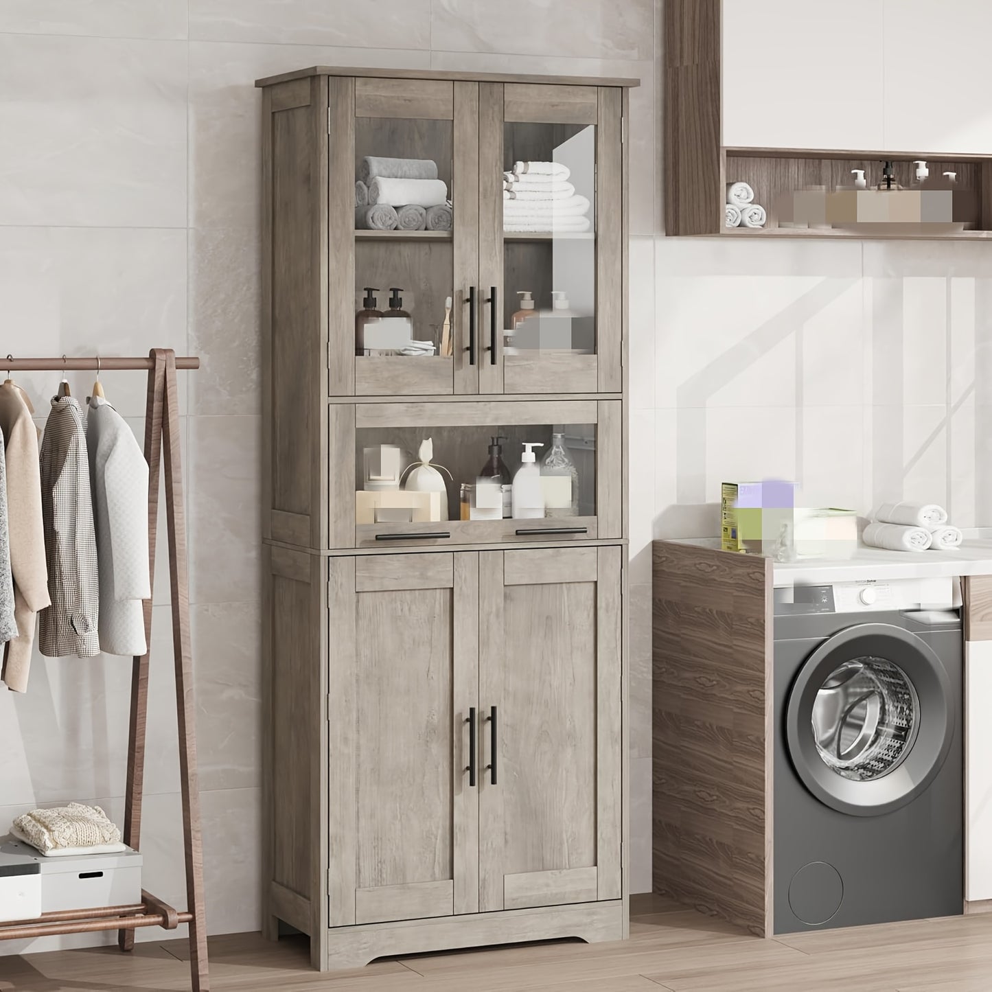 Badkamerkast – Badkamermeubel – Kolomkast – Opbergkast – Spiegelkast – Vrijstaand – Met Glazen Deuren – Verstelbare Planken – Metalen Frame – Modern Design