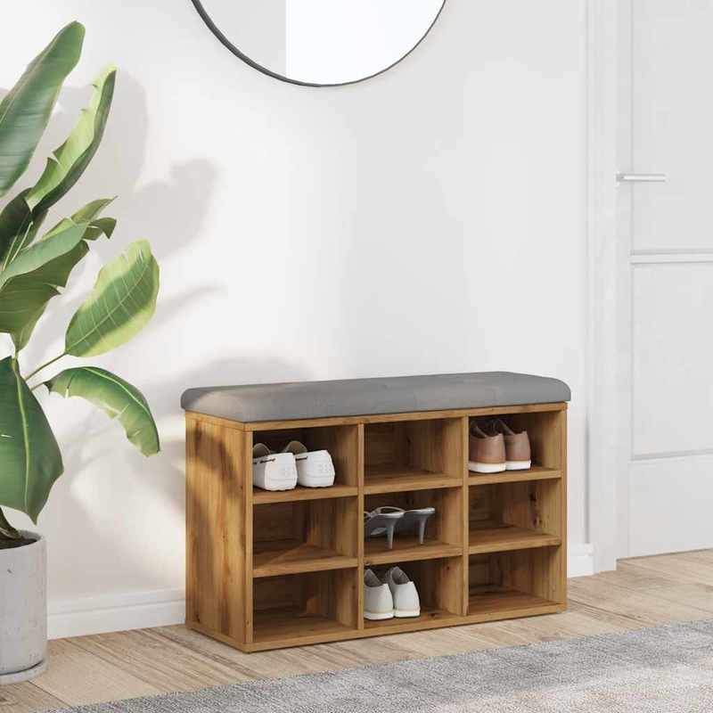 Opbergbank Hal – Schoenenbank – Zitbank – Schoenenrek – Opbergmeubel – Artisan Oak Kleur – Stevig Houtcomposiet – Comfortabel Lichtgrijs Kussen