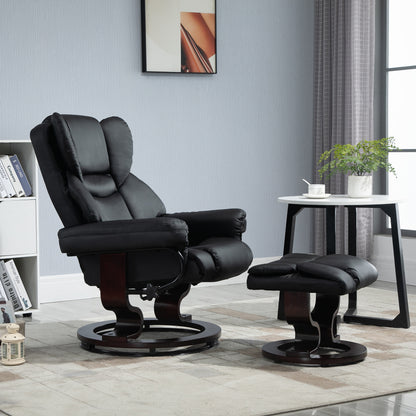 Relaxstoel – Fauteuil – Kuipstoel – Loungechair – Draaistoel – 360° Draaibaar – Handmatig Verstelbare Rugleuning tot 145° – Zwart Kunstleer met Voetsteun – Stevige Metalen Basis