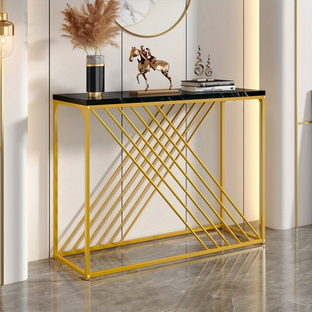 Sidetable – Entreetafel – Haltafel – Wandtafel – Bijzettafel – Zwart MDF Tafelblad – Gouden Metalen Onderstel – 100x35x77 cm – Stijlvol & Praktisch