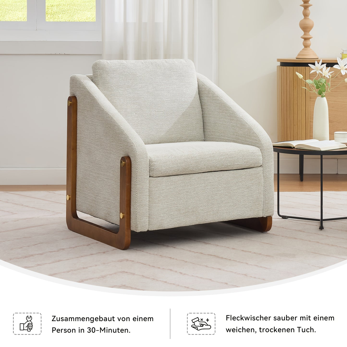 Fauteuil – Accentstoel – Lounge Stoel – Moderne Stoel – Zithoekstoel – Beige Chenille – Houten Armleuningen – Comfortabel Rugkussen