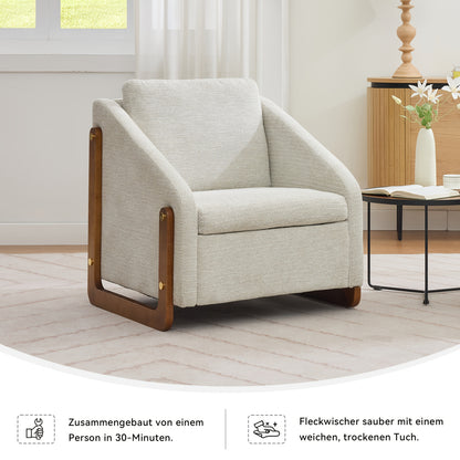 Fauteuil – Accentstoel – Lounge Stoel – Moderne Stoel – Zithoekstoel – Beige Chenille – Houten Armleuningen – Comfortabel Rugkussen
