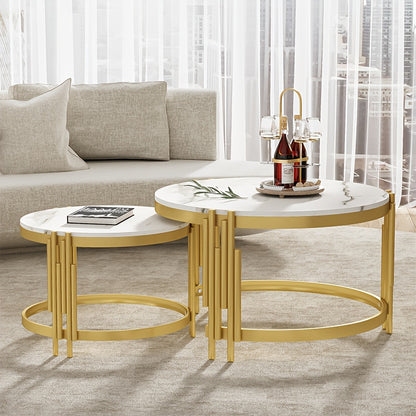 Salontafel – Koffietafel – Bijzettafel – Woonkamertafel – Tafeltje – Set van 2 Ronde Tafels – Marmerlook Blad – Goud Metalen Frame