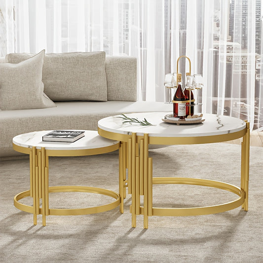 Salontafel – Koffietafel – Bijzettafel – Woonkamertafel – Tafeltje – Set van 2 Ronde Tafels – Marmerlook Blad – Goud Metalen Frame
