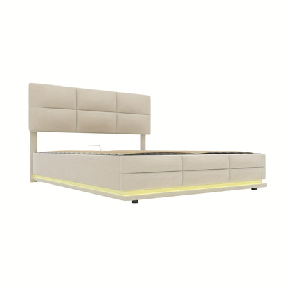 Bedframe – Bed – Bedbodem – Platformbed – Opbergbed – Beige – 140x200 cm – Hydraulisch Systeem – Zachte Huidvriendelijke Stof