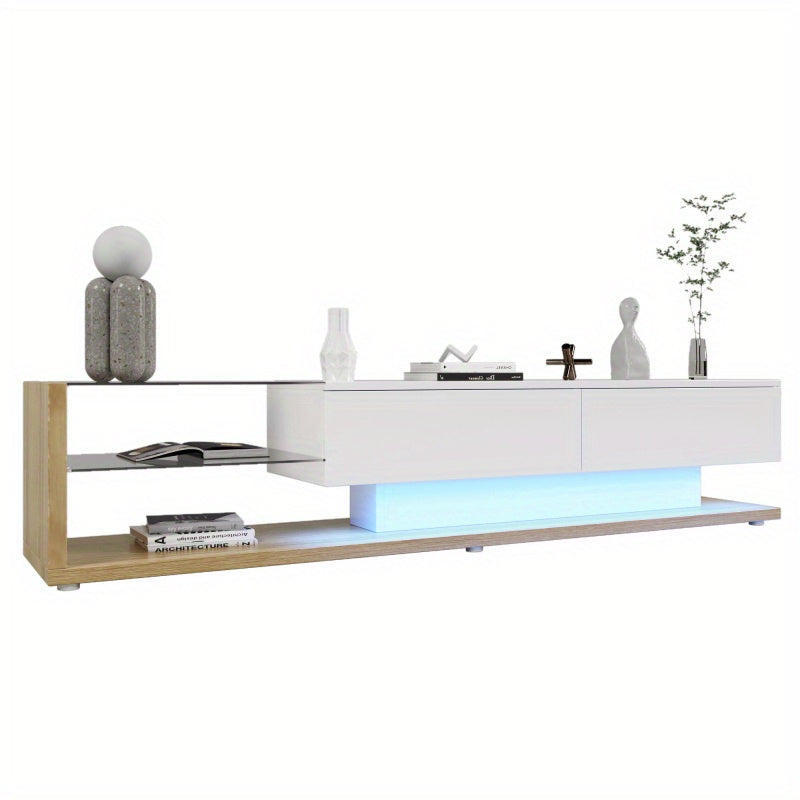 Tv meubel – TV-kast – Media meubel – Entertainmentmeubel – Dressoir – Hoogglans wit & houtlook – 2 lades en open planken