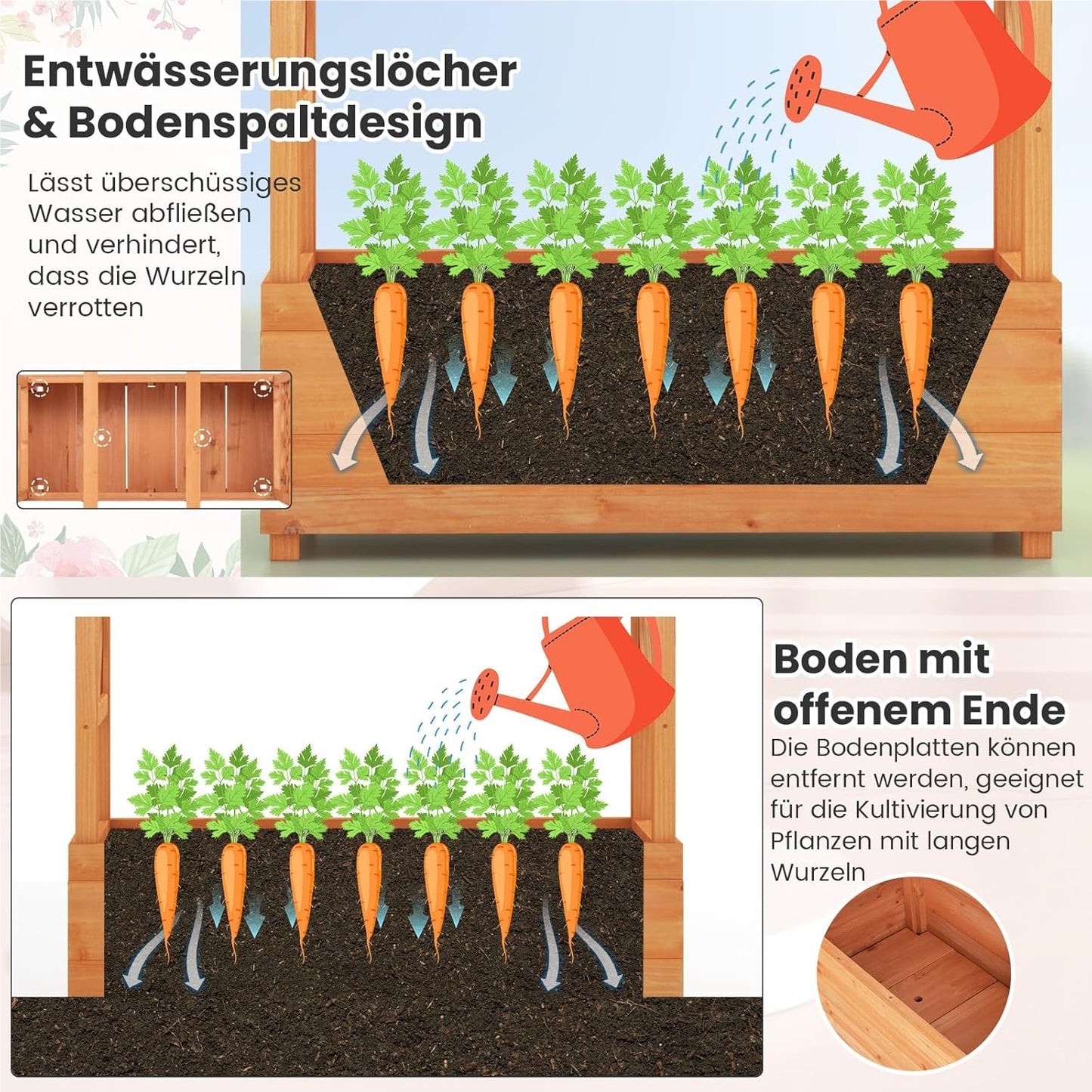 Houten Plantenbak – Verhoogde Tuinbak – Bloembak – Kruidenbak – Klimplantenbak – Met Klimhulp en Hangdak – Stevig Dennenhout – Waterafstotend Oranje 110x44x182 cm