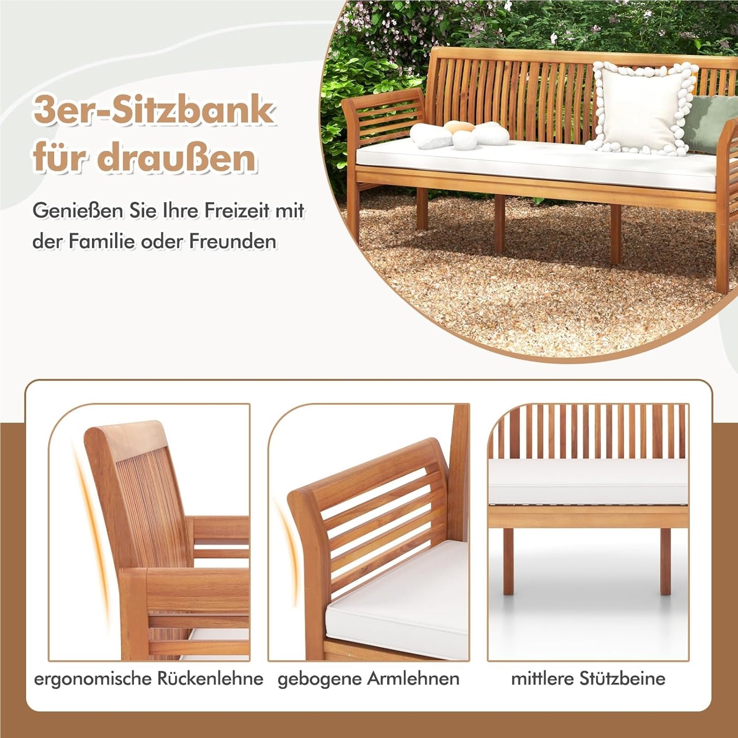 Tuinbank – Buitenbank – Houten Bank – Balkonbank – Parkbank – Acaciahout – 3-Zits – Inclusief Zitkussen – Draagvermogen 540 kg