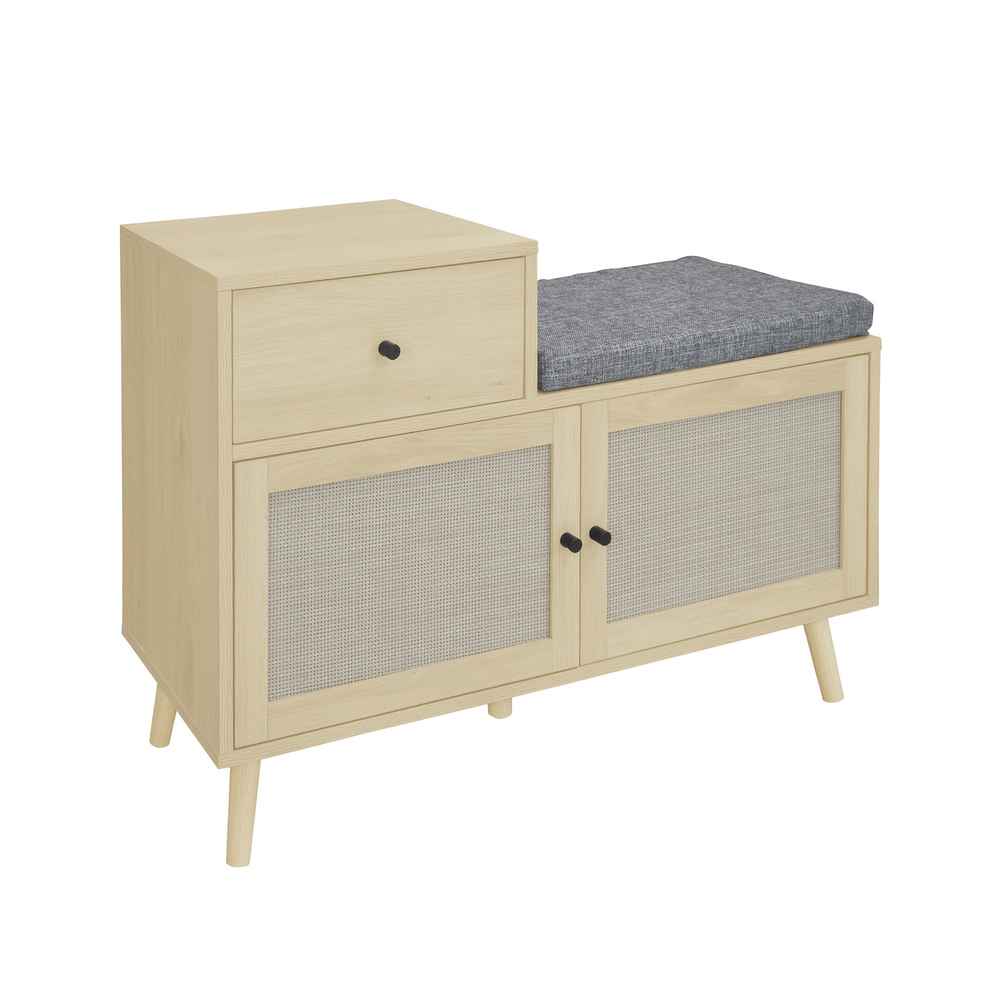 Schoenenbank – Schoenenkast – Schoenenrek – Opbergbank – Halbank – Bohemian Stijl – Rieten Deurtjes – Natuurlijke Houtlook – 3,2 Kuub Opbergruimte – 68,58 cm Hoog
