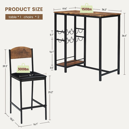 Compact Bar Table Set for 2 with Footrest & 2 Upholstered Chairs - Space-Saving Kitchen/Dining Table Set with Storage Shelf, Easy Assembly, Sturdy Hardwood-like Construction, Retro Brown for Small Spaces, Counter Bars, Apartm