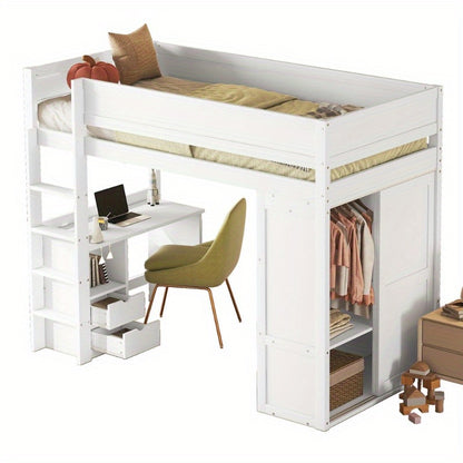 Hoogslaper – Stapelbed – Kinderbed – Eenpersoonsbed – Opbergbed – Ruimtebesparend – Met Kledingkast & Bureau – Duurzame Lichtgewicht Constructie – Modern Minimalistisch Wit Design