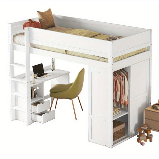 Hoogslaper – Stapelbed – Kinderbed – Eenpersoonsbed – Opbergbed – Ruimtebesparend – Met Kledingkast & Bureau – Duurzame Lichtgewicht Constructie – Modern Minimalistisch Wit Design