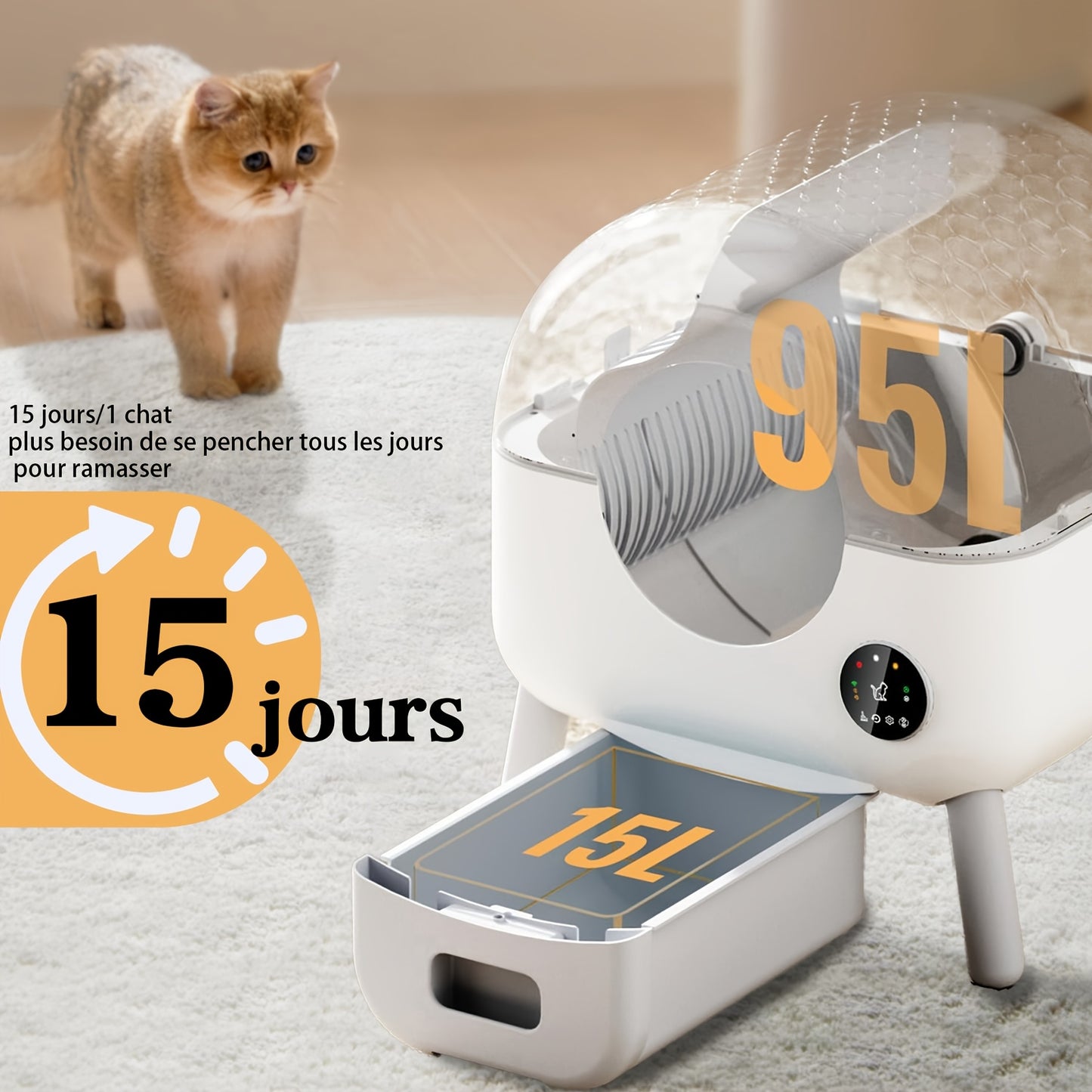 Automatische Kattenbak – Zelfreinigende Kattenbak – Elektrische Kattenbak – Kattenbak XXL – Kattenbak Rond – Infraroodsensoren & Zwaartekrachtsensoren – Stil & Met Anti-Knelfunctie