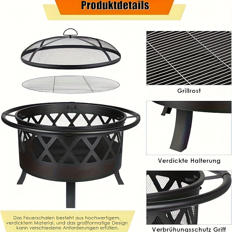 Vuurschaal – Vuurkorf – Tuinhaard – Terrasverwarmer – Vuurpot – Ø81 cm – Met Grillrooster & Vonkenvanger – Robuust Staal Met 4 Poten