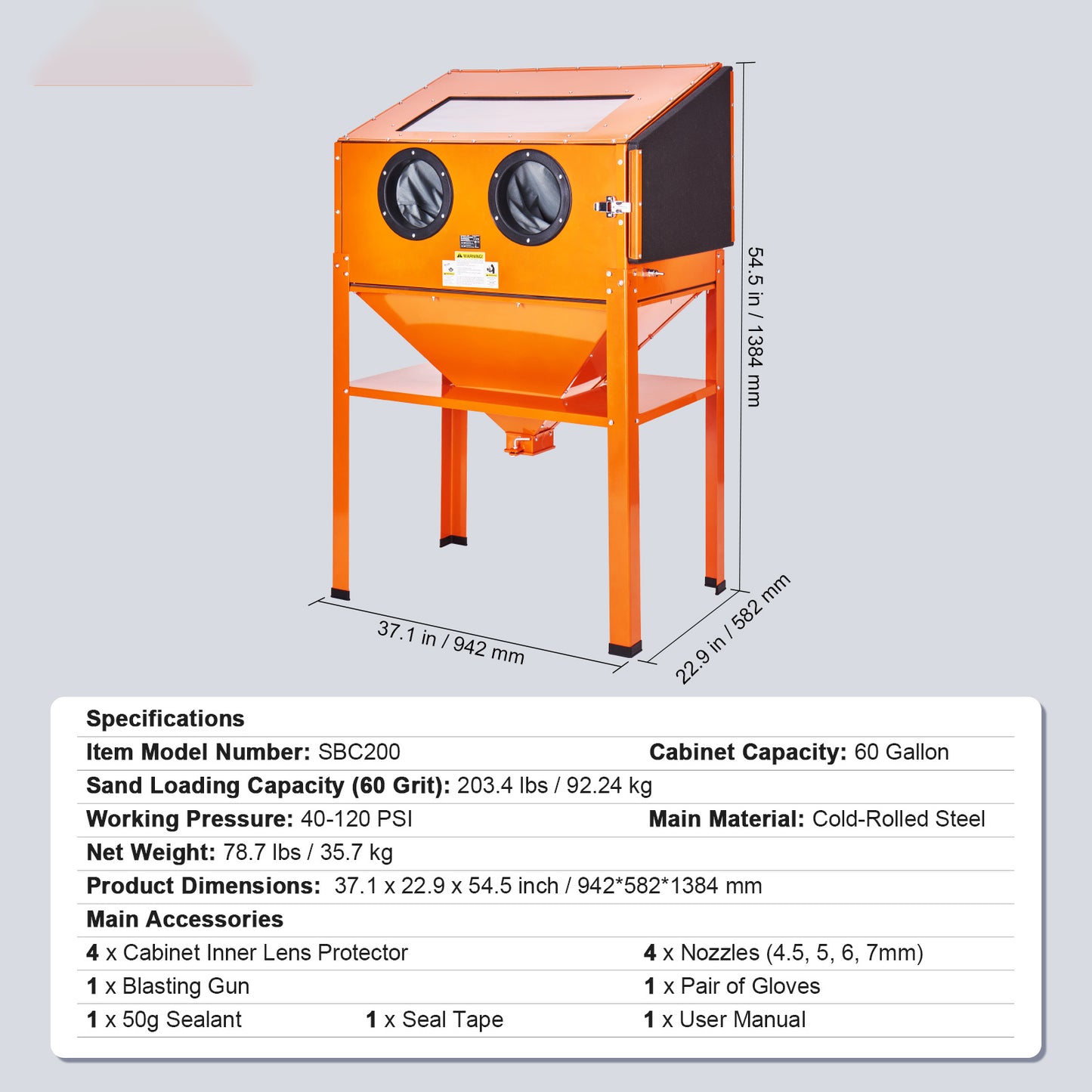 Zandstraalkast – Straalkast – Zandstraalinstallatie – Stralen Cabinet – 60 Gallon Capaciteit – Duurzaam Koudgewalst Staal – LED Verlichting & 4 Keramische Nozzles