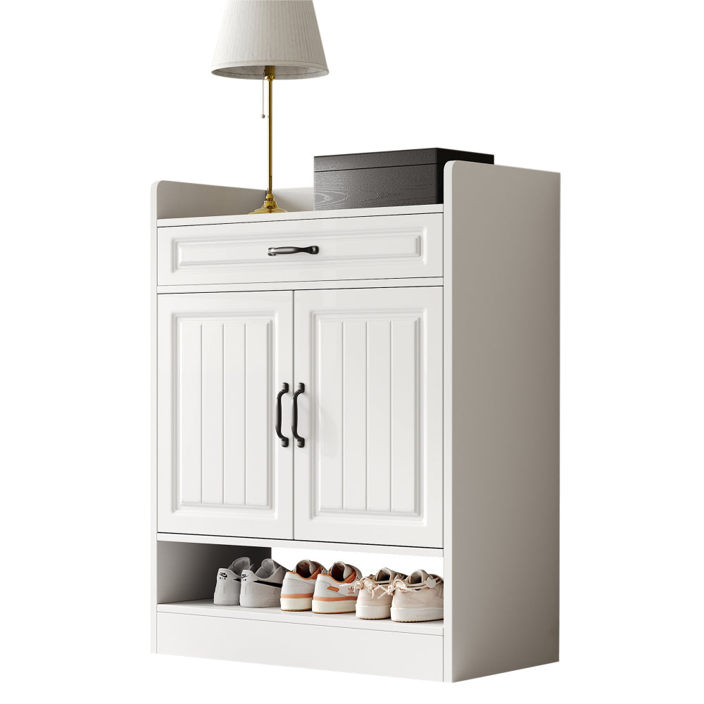 Modern White Metal Shoe Cabinet with Adjustable Shelves, 2 Doors & Drawer - Space-Saving Vertical Storage Organizer with Black Frame, Golden-Toned Hardware, Compact Design for Entryway, Hallway, Small Spaces - Durable Metal C