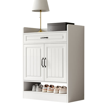 Modern White Metal Shoe Cabinet with Adjustable Shelves, 2 Doors & Drawer - Space-Saving Vertical Storage Organizer with Black Frame, Golden-Toned Hardware, Compact Design for Entryway, Hallway, Small Spaces - Durable Metal C
