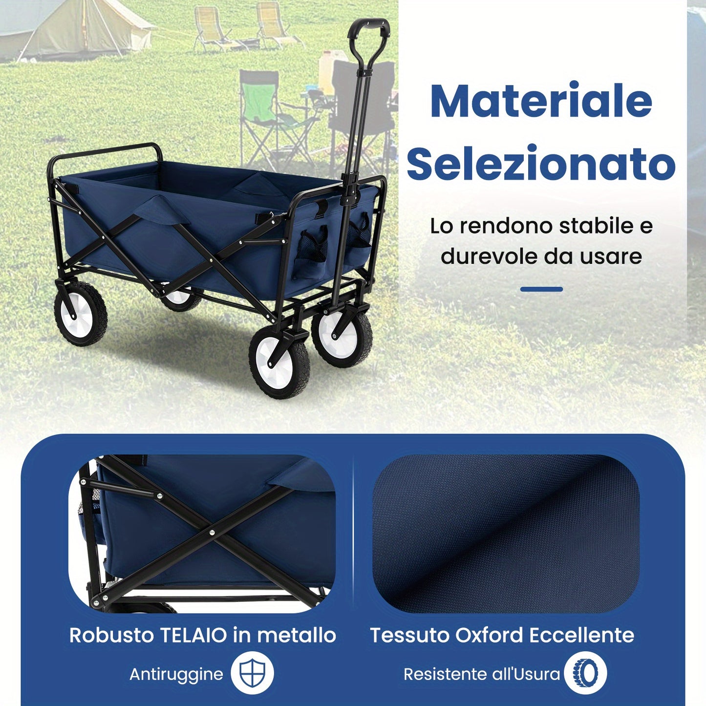 Bolderwagen – Bolderkar – Trekkar – Strandkar – Transportwagen – Opvouwbaar – Met Verstelbare Handgreep – 82L Inhoud – Stevig Metalen Frame – Blauw