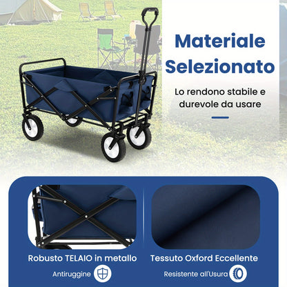Bolderwagen – Bolderkar – Trekkar – Strandkar – Transportwagen – Opvouwbaar – Met Verstelbare Handgreep – 82L Inhoud – Stevig Metalen Frame – Blauw
