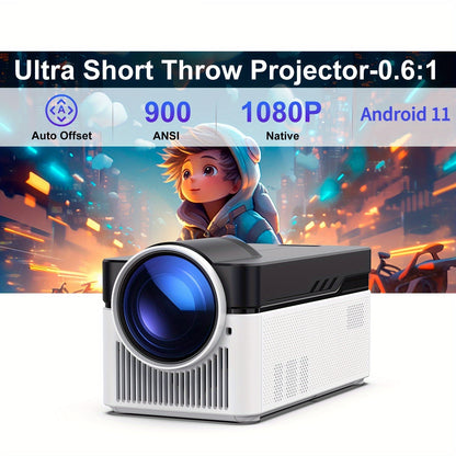 Mini Projector – Mini Beamer – Draagbare Projector – Thuisbioscoop Beamer – Android Beamer – Ultra Short Throw 0.6:1 – Full HD 1920x1080p – 900 Lumen Helderheid – Ingebouwde 5W Stereo Speakers
