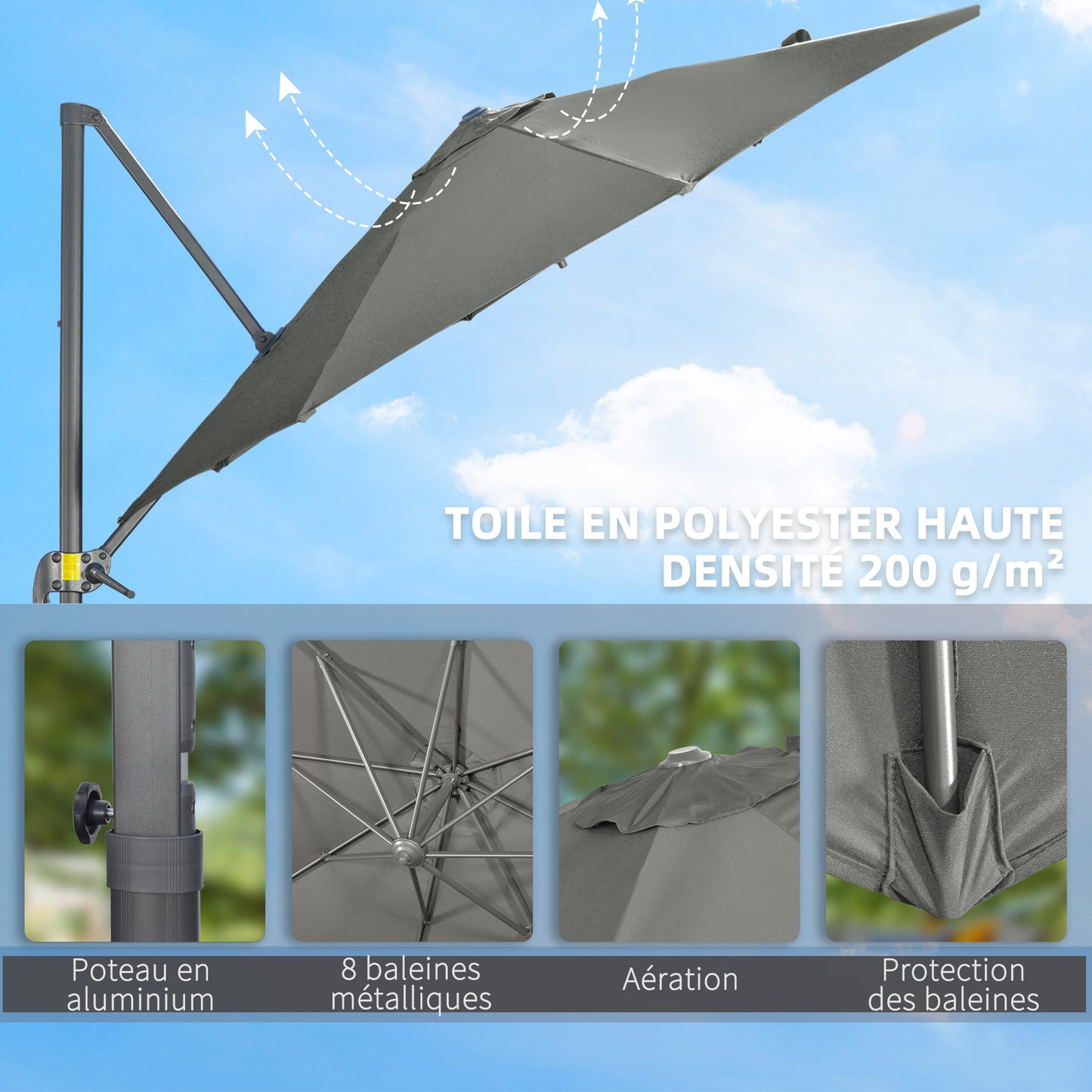 Offset Parasol – Hangparasol – Tuinparasol – Balkonparasol – Zonneparasol – 3 Meter Ø – Kantelbaar en 360° Draaibaar – Grijs Polyester Met Stalen Voet