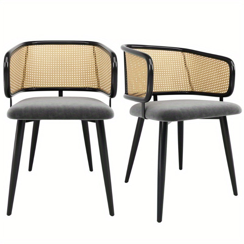 Eetkamerstoel – Stoel – Dining Chair – Keukenstoel – Caféstoel – Set Van 2 Stoelen – Fluwelen Zitting Met Rieten Rugleuning – Stevig Metalen Frame