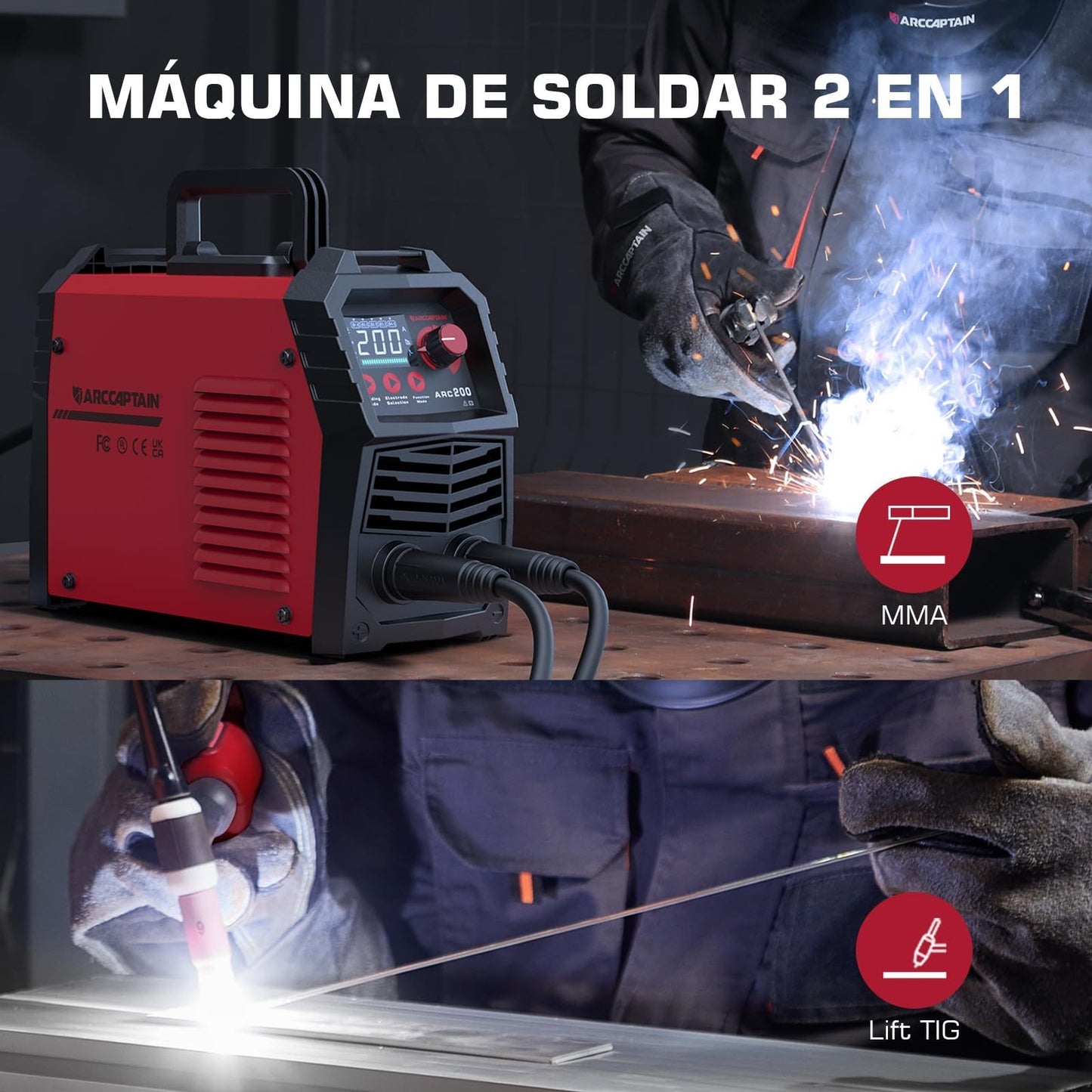 ARCCAPTAIN Heavy-Duty 200A ARC/TIG/MMA Welding Machine with Large LED Display, Synergic Control & IGBT Inverter - Portable Welder with Hot Start, Arc Force & Anti-Stick Function, Overload & Overheat, 220-240V (Global Voltage)