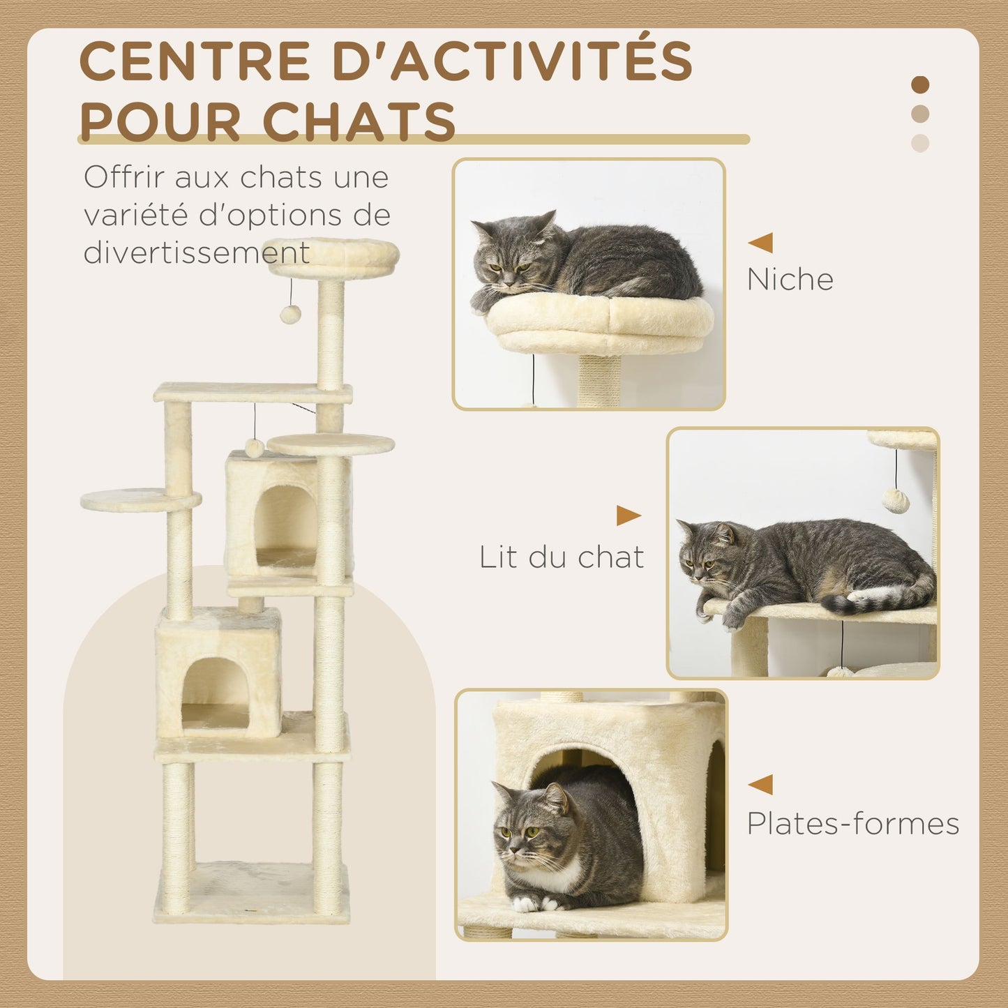 Krabpaal – Kattenboom – Kattenhuis – Krabmeubel – Kattenpaal – 171 cm Hoog – Met 2 Nestjes en 6 Platforms – Natuurlijk Sisal & Hangpompons