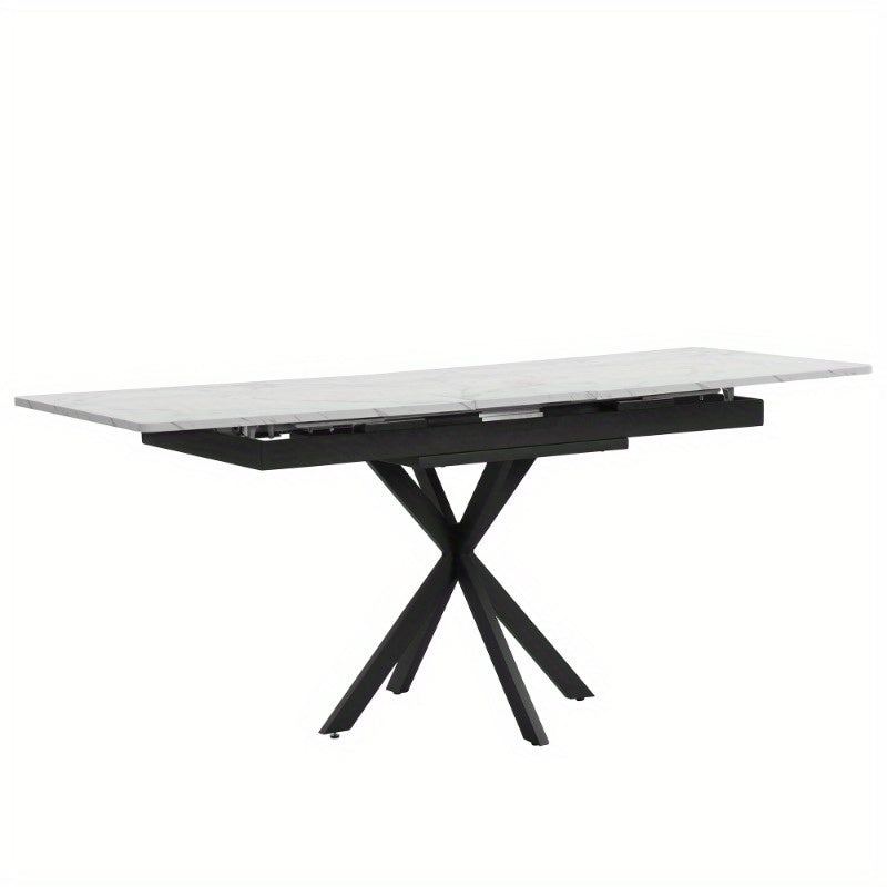 Verstelbare Eettafel – Zelf Uitbreidbare Tafel – Rechthoekige Koffietafel – Vrije Tijd Tafel – Eetkamer Tafel – Marmerlook Bovenblad – Kruisvormig Metaal Onderstel