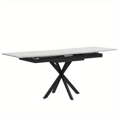 Verstelbare Eettafel – Zelf Uitbreidbare Tafel – Rechthoekige Koffietafel – Vrije Tijd Tafel – Eetkamer Tafel – Marmerlook Bovenblad – Kruisvormig Metaal Onderstel