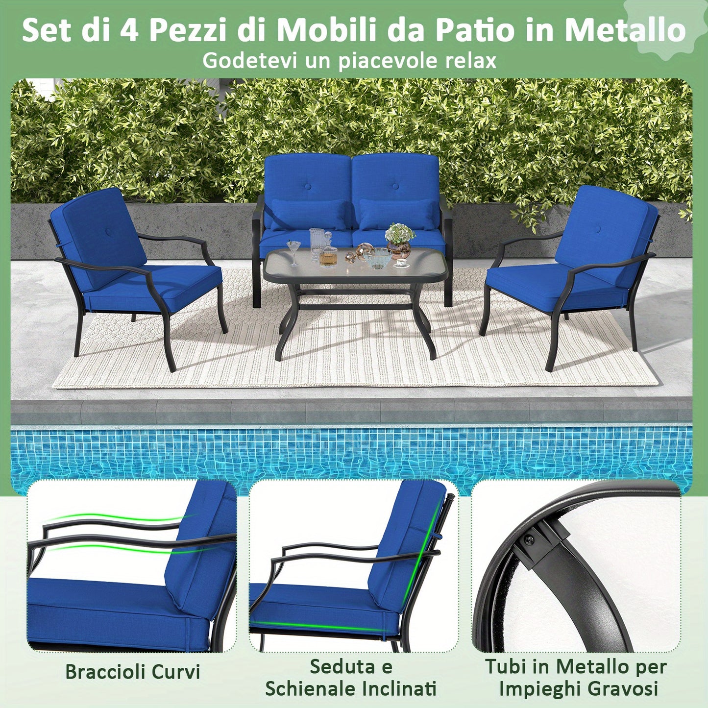 Tuinmeubelset – Tuinset – Loungeset – Buitenmeubels – Terrasmeubels – Metalen Frame – Veiligheidsglas Tafel – Blauwe Kussens – 4-delige Set