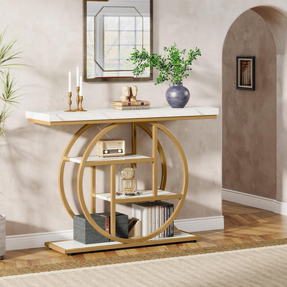 Moderne Sidetable – Console Tafel – Sofa Tafel – Haltafel – Wandtafel – Industrieel Design – 105 x 30 cm – Wit Met Gouden Accenten – 4 Treden Met Opbergruimte