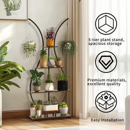 Plantenhouder – Plantenrek – Bloemenstandaard – Plantenrekje – Plantenrek Binnen – 5 Lagen – Metaal Met Houten Planken – Vaasvorm – Voor Woonkamer & Balkon – Bruin