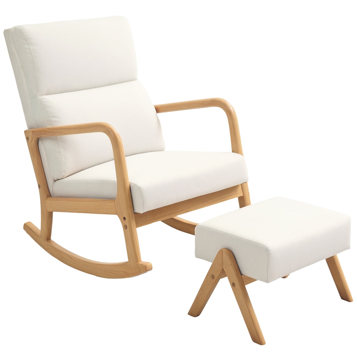 Schommelstoel – Schommelstoel Met Voetenbank – Relaxstoel – Loungestoel – Zitstoel – Crème – Stevig Houten Frame – Zachte Linnen Bekleding