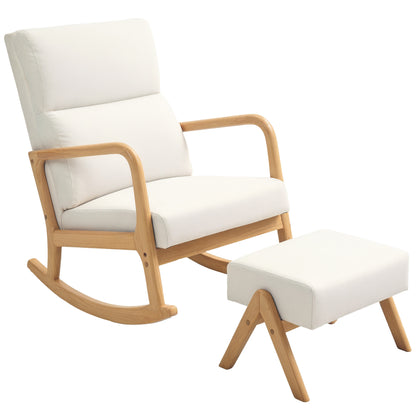 Schommelstoel – Schommelstoel Met Voetenbank – Relaxstoel – Loungestoel – Zitstoel – Crème – Stevig Houten Frame – Zachte Linnen Bekleding