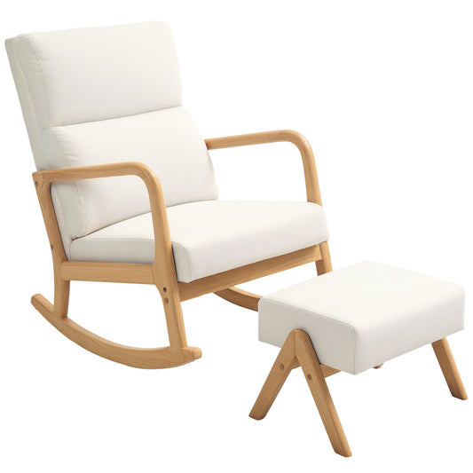 Schommelstoel – Schommelstoel Met Voetenbank – Relaxstoel – Loungestoel – Zitstoel – Crème – Stevig Houten Frame – Zachte Linnen Bekleding