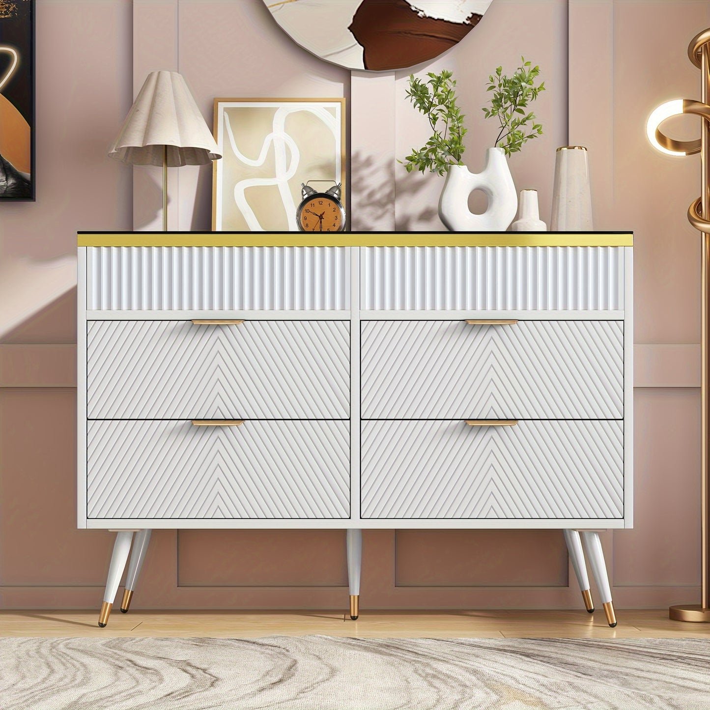 Dressoir – Sideboard – Opbergkast – Ladekast – Wandkast – Modern Wit – Hardhout & Amberglas – 6 Lades Met Compartimenten – Tip-Proof Veiligheidsfunctie – 120x40x76 cm