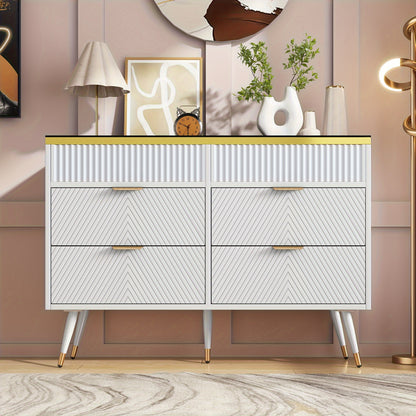 Dressoir – Sideboard – Opbergkast – Ladekast – Wandkast – Modern Wit – Hardhout & Amberglas – 6 Lades Met Compartimenten – Tip-Proof Veiligheidsfunctie – 120x40x76 cm