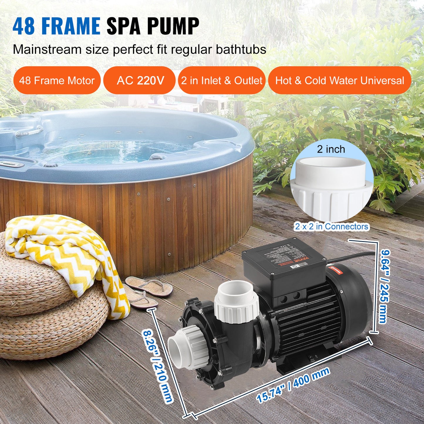 Dual-speed Spa Pomp – Bubbelbad Pomp – Jacuzzi Pomp – Warmtebad Pomp – Spa Motor – 1,5HP – 1100W Hoog / 250W Laag – Anti-lek Fluorrubber Afdichting – 90° Draaibare Aansluiting