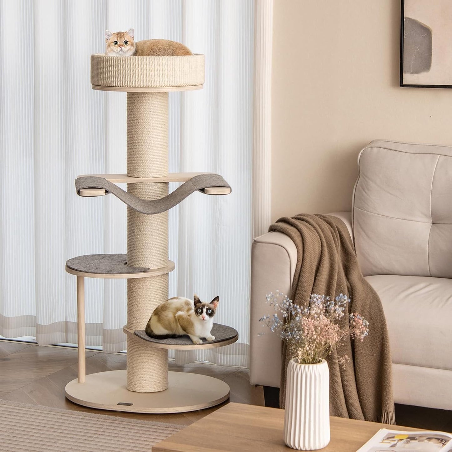 Krabpaal – Kattenkrabpaal – Kattenboom – Krabmeubel – Kattenhuis – Houten Krabpaal Met Hangmat – Dikke Sisal Krabpalen – 120 cm Hoog – Stevige Berkenmultiplex Constructie