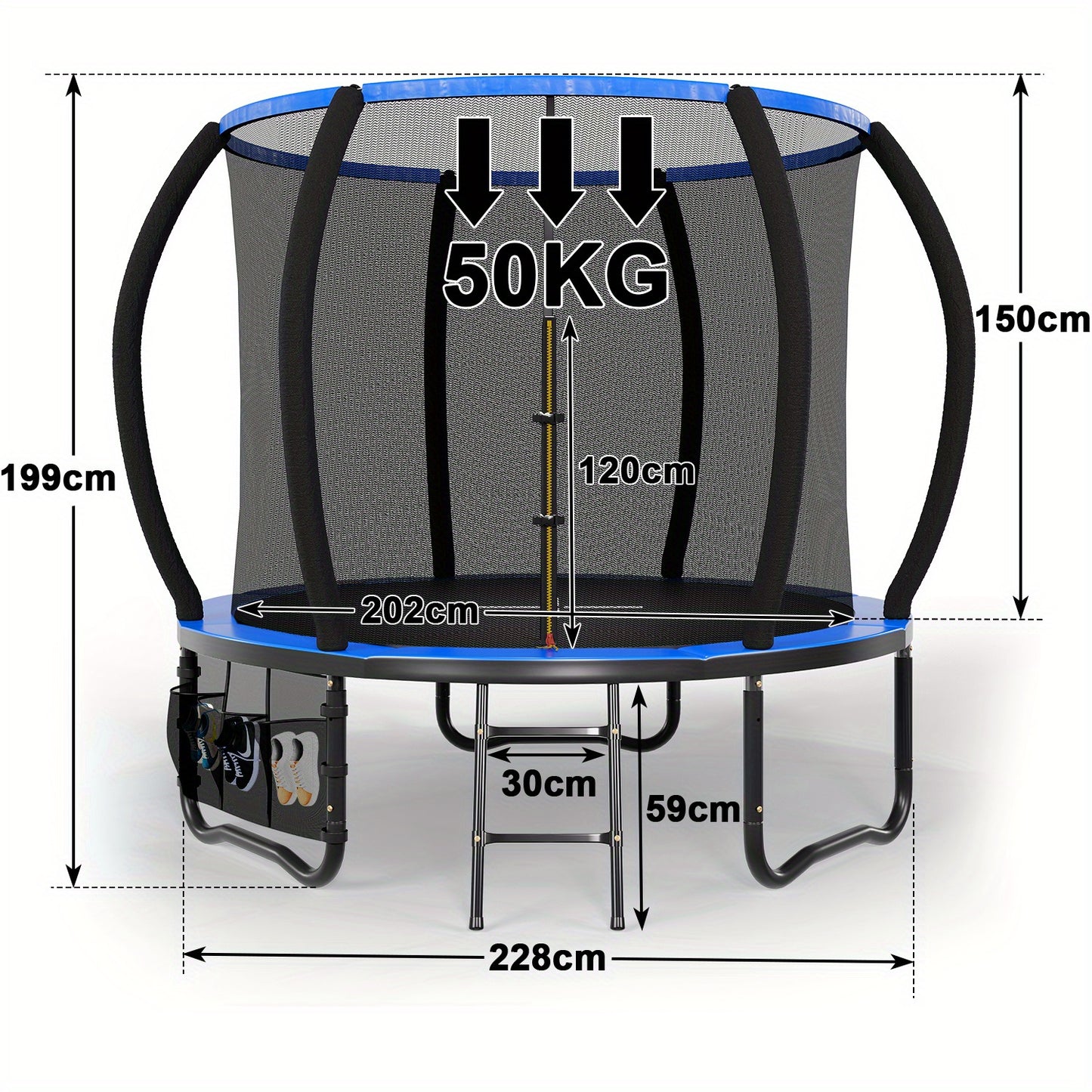 Buitentrampoline – Springtoestel – Trampolinespringen – Tuintrampoline – Ronde Trampoline – 228 cm Diameter – Veiligheidsnet & Roestvrijstalen Frame