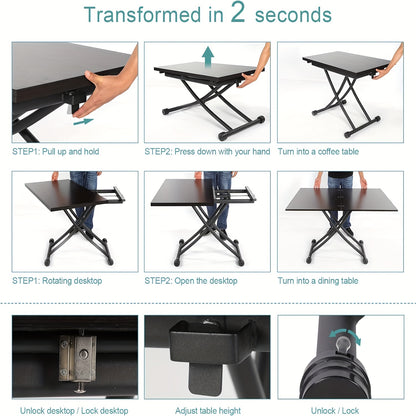 Verstelbare Eettafel – Multifunctionele Tafel – Koffietafel – Werkplek – Bijzettafel – Zwart Notenhout – Stabiel Metalen Frame – Hoogte Verstelbaar