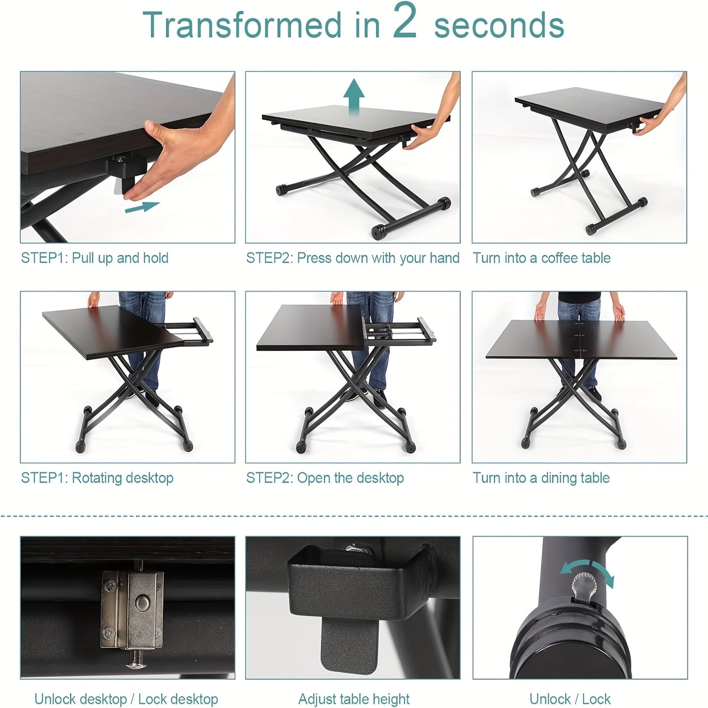 Multifunctionele Eettafel – Verstelbare Salontafel – Uitschuifbare Tafel – Lounge Tafel – Partytafel – Zwarte Walnoot Houtlook – Stevig Metalen Frame – Compact & Ruimtelijk