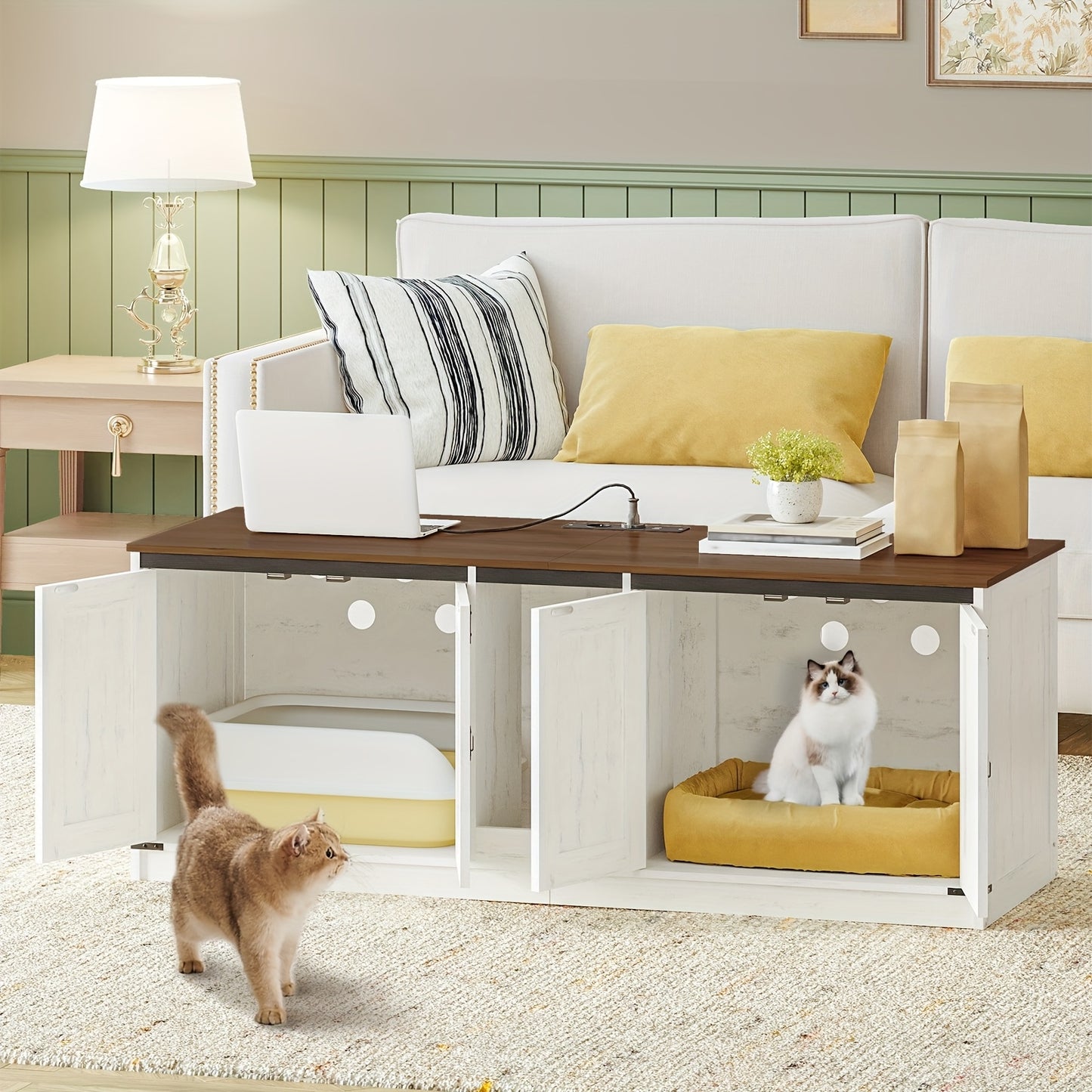 Cat Cabinet, Cat Litter Box Cabinet, 140cm Hidden Cat Litter Box, Can Hold 2 Cats, Indoor Cat House with Cat Bell, Brown and White