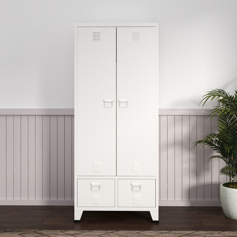 Stalen Kledingkast – Garderobekast – Kledingkast Met Laden – Opbergkast – Industrieel Design – Wit Gelakt Staal – 180 x 90 x 40 cm – Ruime Bergruimte – Stevige Constructie